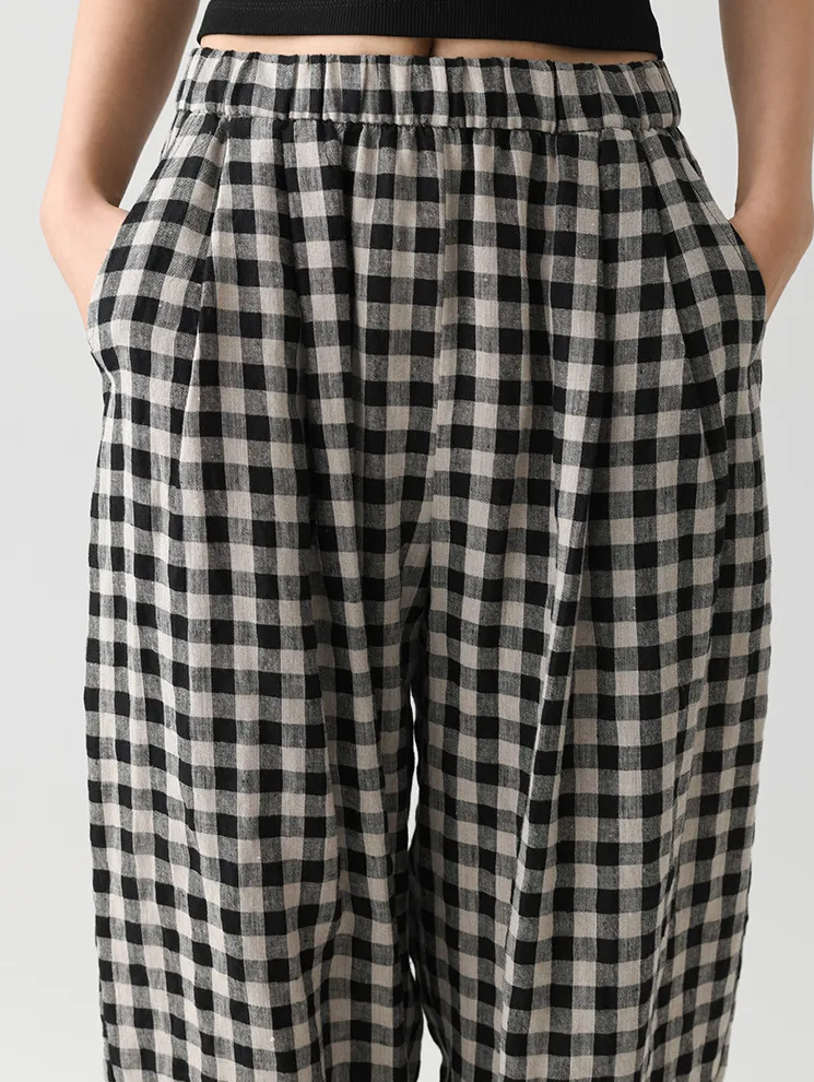 Women's Linen Casual Loose Plaid Elastic Waist Wide-Leg Pants, Casual Daily Wear