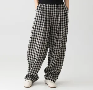 Women's Linen Casual Loose Plaid Elastic Waist Wide-Leg Pants, Casual Daily Wear