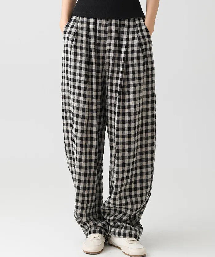 Women's Linen Casual Loose Plaid Elastic Waist Wide-Leg Pants, Casual Daily Wear