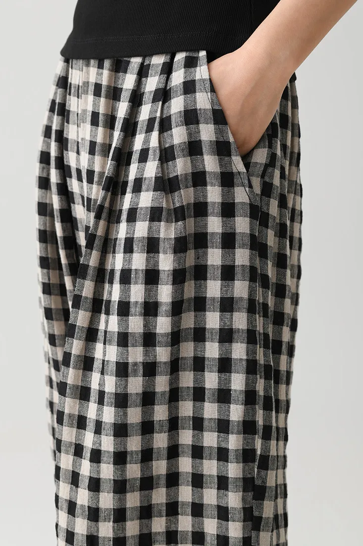 Women's Linen Casual Loose Plaid Elastic Waist Wide-Leg Pants, Casual Daily Wear