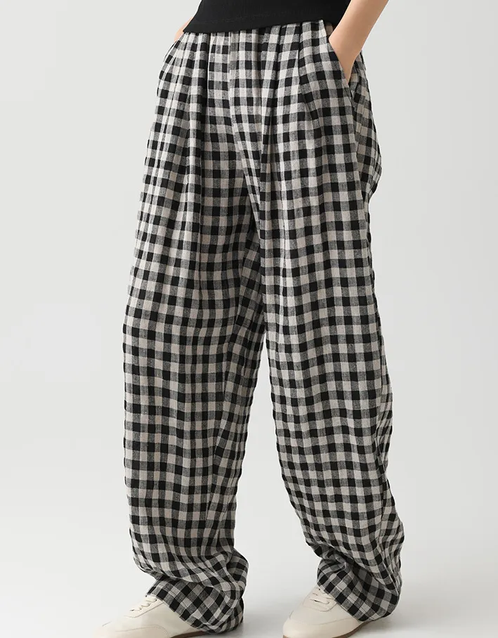 Women's Linen Casual Loose Plaid Elastic Waist Wide-Leg Pants, Casual Daily Wear