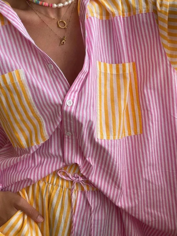 Women's Matching Striped Shirt and Shorts Set